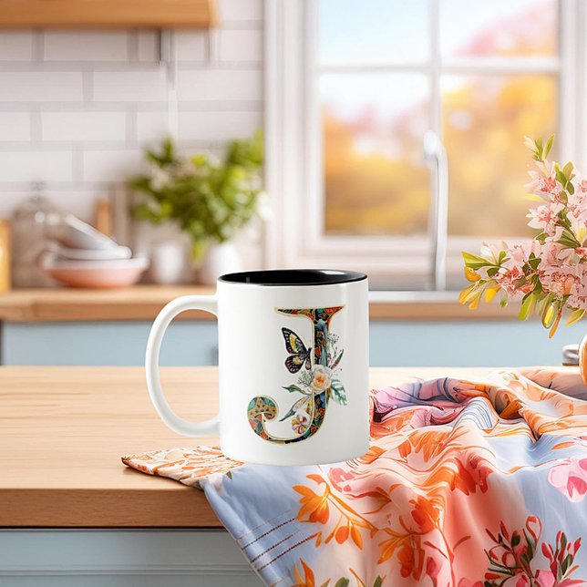 Tasse 2 Couleurs Élégante lettre florale bohème J (Créateur téléchargé)