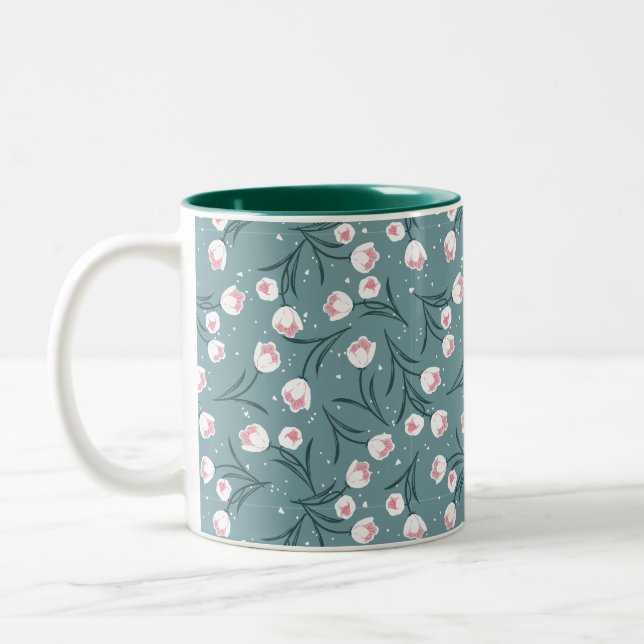Tasse 2 Couleurs Élégantes tulipes blanches sur Motif vert pastel (Gauche)