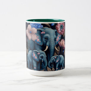 Tasse 2 Couleurs Eléphants bleus et fleurs roses