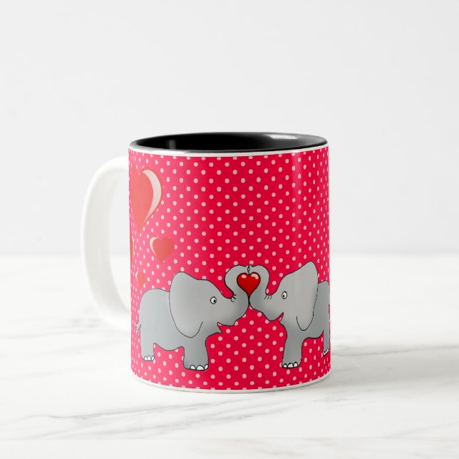 Tasse 2 Couleurs Eléphants romantiques et Coeurs rouges sur Pois (Devant gauche)