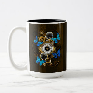 Tasse 2 Couleurs Engrenages à vapeur et papillons bleus