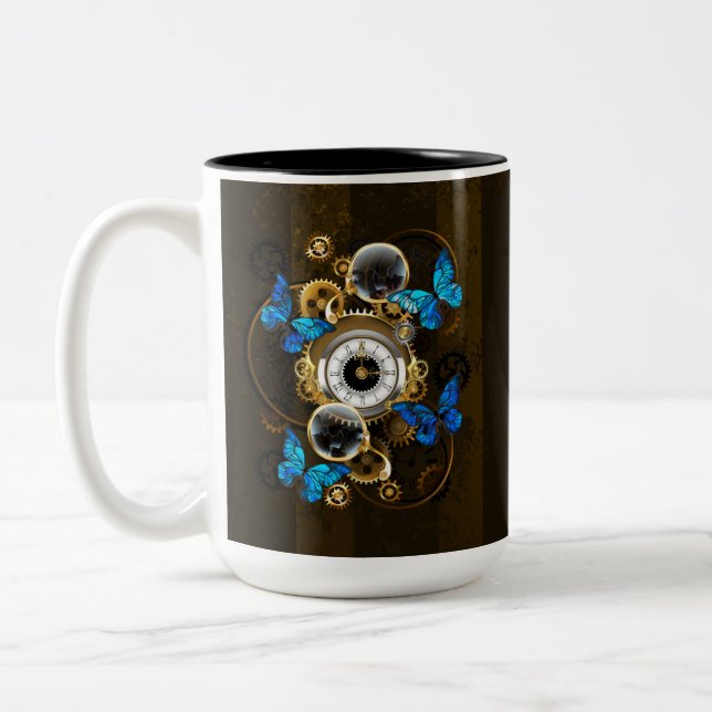 Tasse 2 Couleurs Engrenages à vapeur et papillons bleus (Gauche)