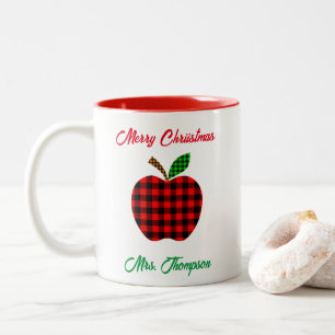 Tasse 2 Couleurs Enseignant de Noël Rouge Plaid Apple Nom personnal