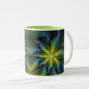 Tasse 2 Couleurs Etoile Abstraite, Bleu brillant Vert Or Fractal Ar