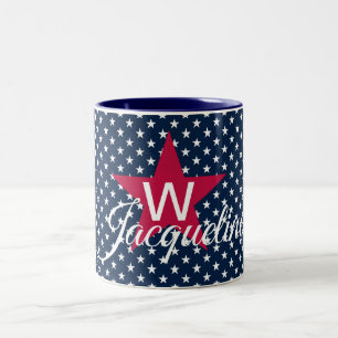 Tasse 2 Couleurs Étoiles blanches sur Monogramme de marine