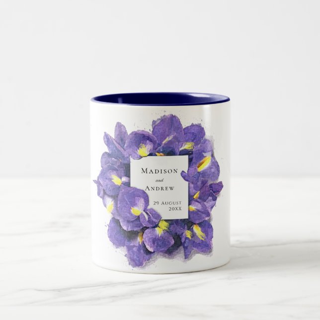 Tasse 2 Couleurs Étonnant violet Irises Aquarelle Floral Mariage (Centre)