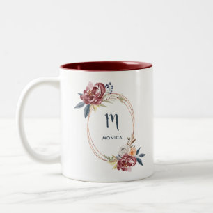 Tasse 2 Couleurs Fall Burgundy Floral and Rose Gold  Monogramme