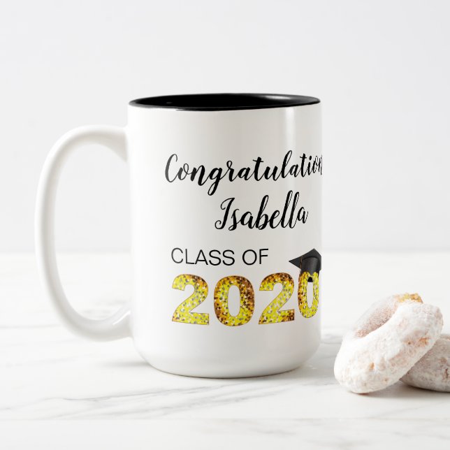 Tasse 2 Couleurs Félicitations Classe de 2020 Nom personnalisé (Avec donut)