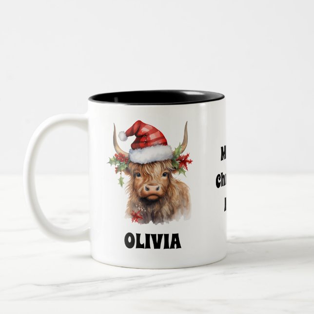 Tasse 2 Couleurs Festif de Noël Highland Calf Personnalisé (Gauche)
