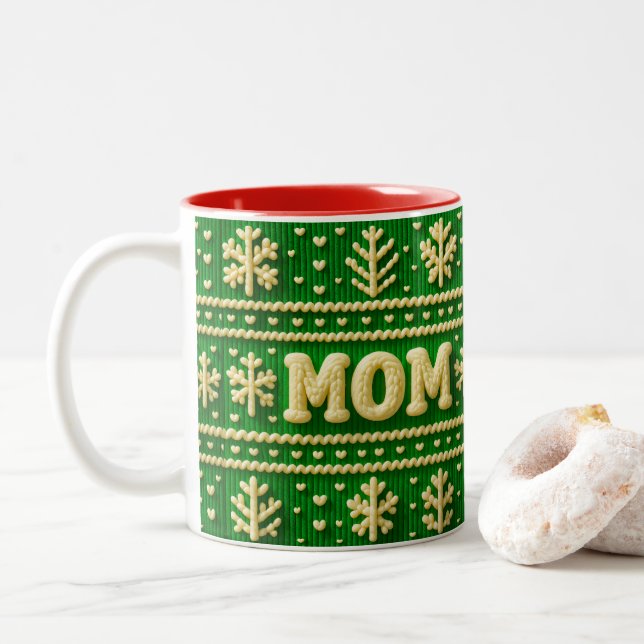Tasse 2 Couleurs Festive Green Ugly Sweater Noël pour maman (Avec donut)