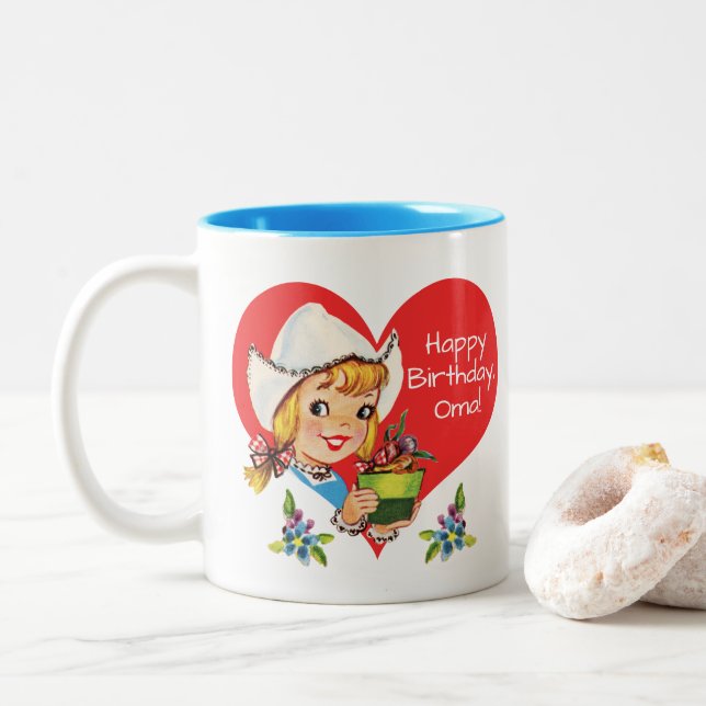 Tasse 2 Couleurs Fille et tulipes néerlandaises de grand-maman (Avec donut)
