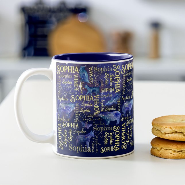 Tasse 2 Couleurs Filles personnalisées nom animaux célestes collage (Personalized girls name celestial animals collage Two-Tone coffee mug)