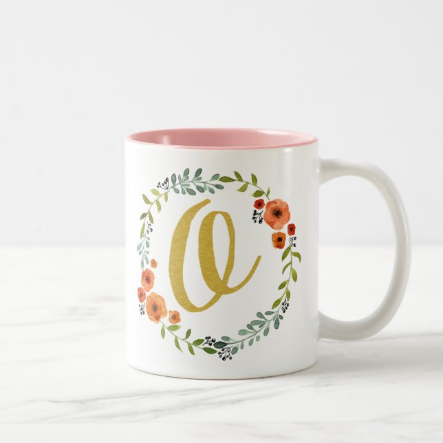 Tasse 2 Couleurs Fleur botanique Wreath Gold Monogramme initial O (Droit)