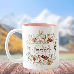 Tasse 2 Couleurs Fleur Florale Élégante Monogramme Aquarelle Automn