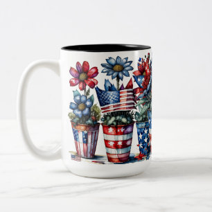 TASSE 2 COULEURS FLEURS AMÉRICAINES BLEUES BLEUES ROUGES PATRIOTIQU