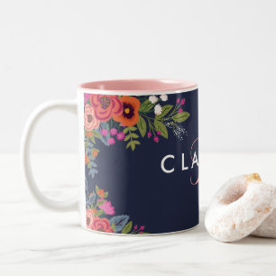 Tasse 2 Couleurs Fleurs Boho - Bleu Marine avec Monogramme Rose