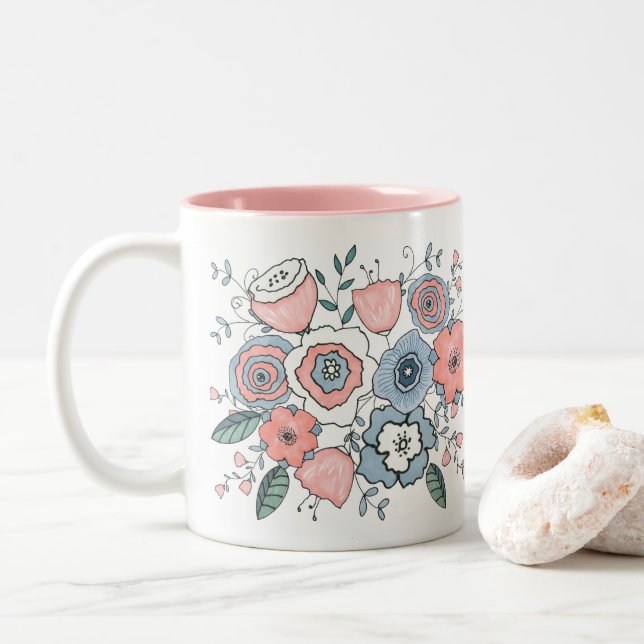Tasse 2 Couleurs Fleurs Boho Bleu Rose Éclair Tendance (Avec donut)