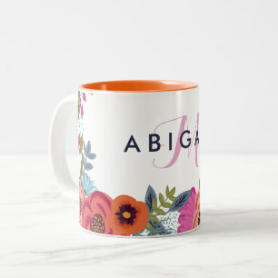 Tasse 2 Couleurs Fleurs Boho - Nom et Monogramme rose