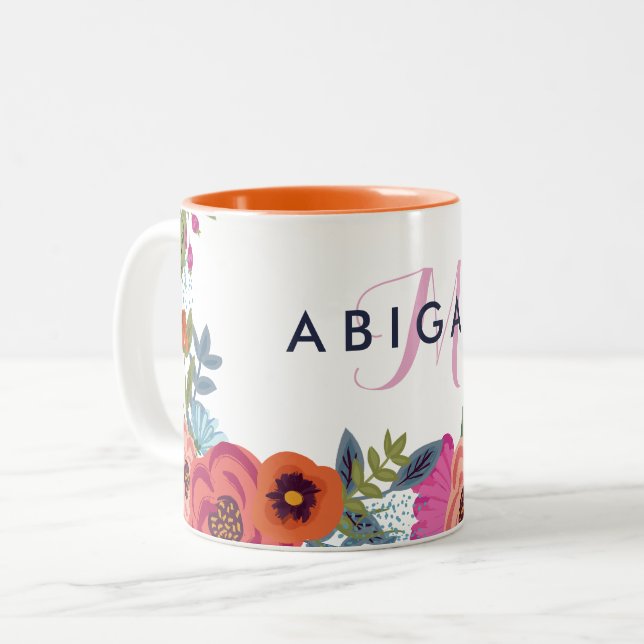 Tasse 2 Couleurs Fleurs Boho - Nom et Monogramme rose (Devant gauche)