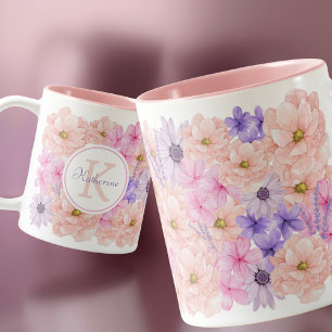 Tasse 2 Couleurs Fleurs d'aquarelle rose mignonne monogrammées pour