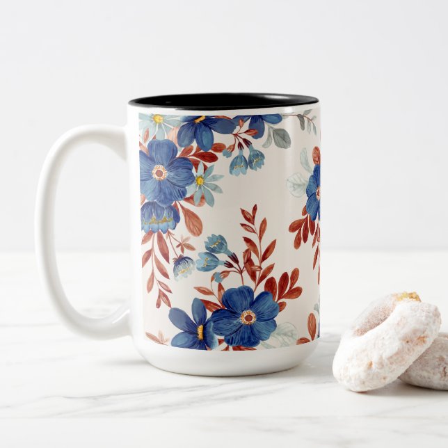 Tasse 2 Couleurs Fleurs d'aquarelle vives (Avec donut)