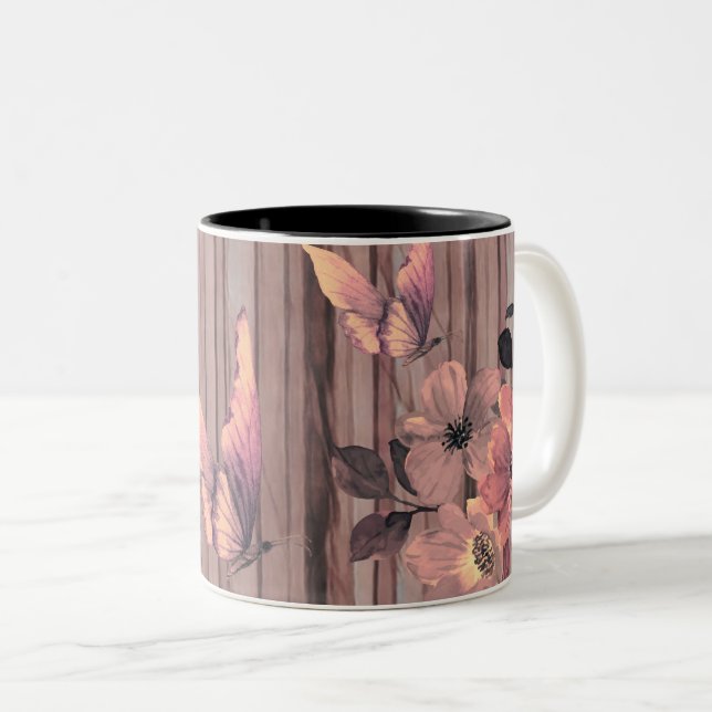 Tasse 2 Couleurs Fleurs de bois rustiques et papillons (Devant droit)