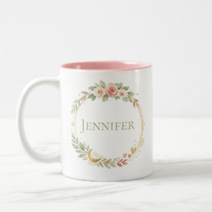 Tasse 2 Couleurs Fleurs de nom floral personnalisé aquarelle & or