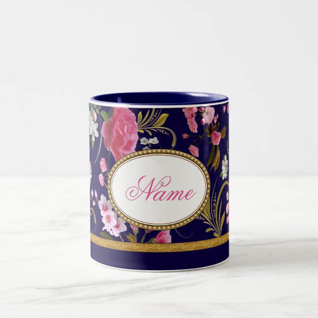 Tasse 2 Couleurs Fleurs roses de monogramme (Centre)