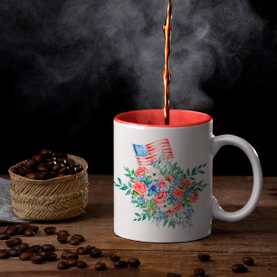 Tasse 2 Couleurs Fleurs Rouge Blanc Et Bleu Monogramme 4 Juillet