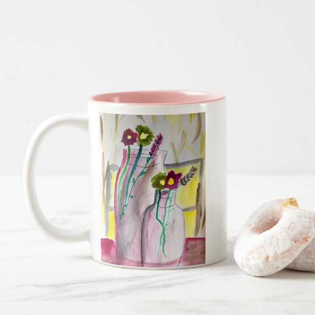 Tasse 2 Couleurs Fleurs sauvages dans un vase art abstrait (Avec donut)