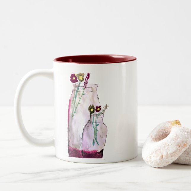 Tasse 2 Couleurs Fleurs sauvages d'aquarelle Whimsical en vase (Avec donut)
