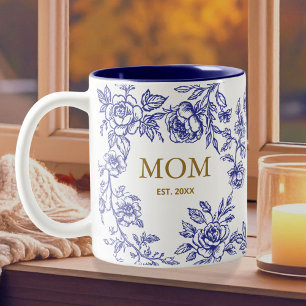Tasse 2 Couleurs Fleurs Vintage Toile De Jouy Bleu Fête Des Mères 