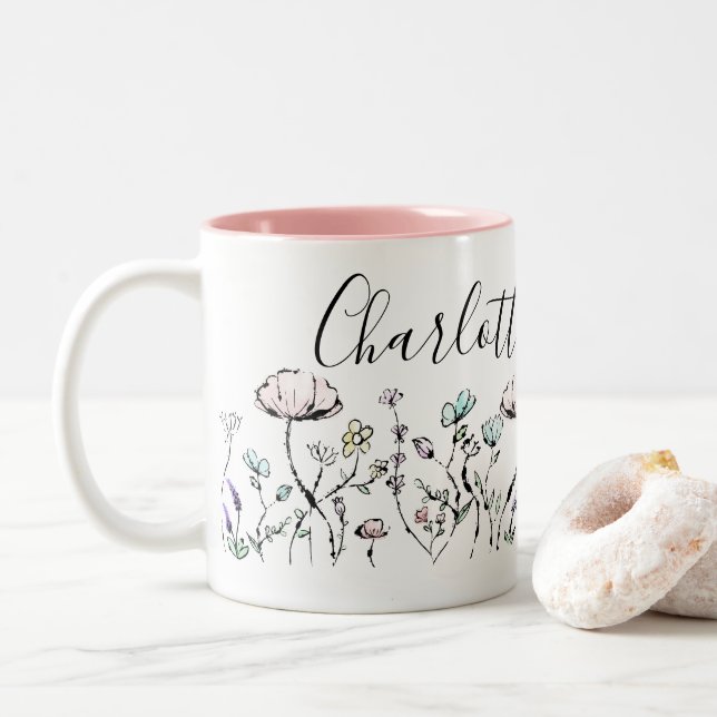 Tasse 2 Couleurs Fleurs Whimsical de Beauté Botanique Fleurs Sauvag (Avec donut)