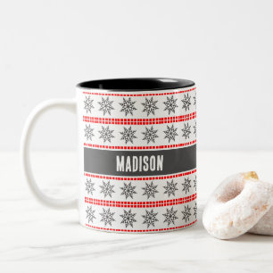 Tasse 2 Couleurs Flocon de Noël nordique motif gris rouge blanc