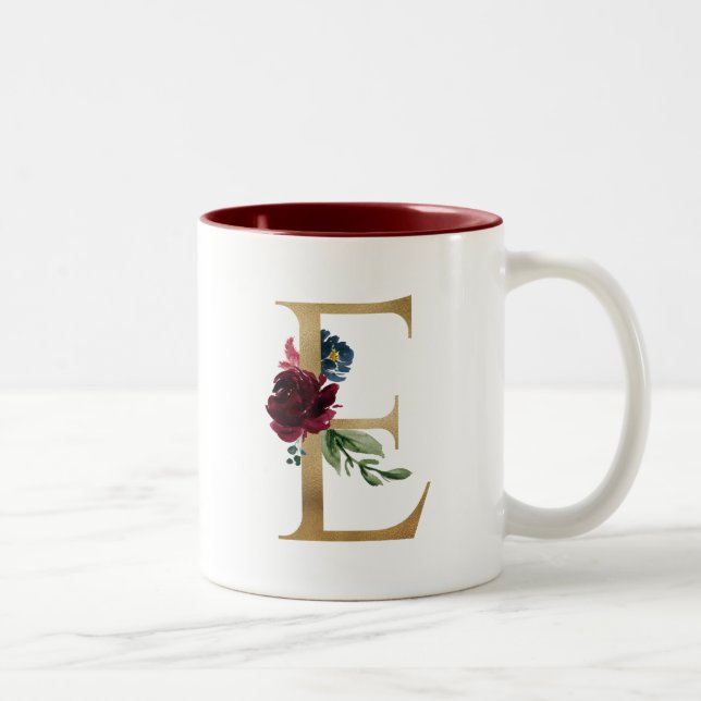 Tasse 2 Couleurs Floral Blush Bourgogne or Monogramme personnalisé (Droit)
