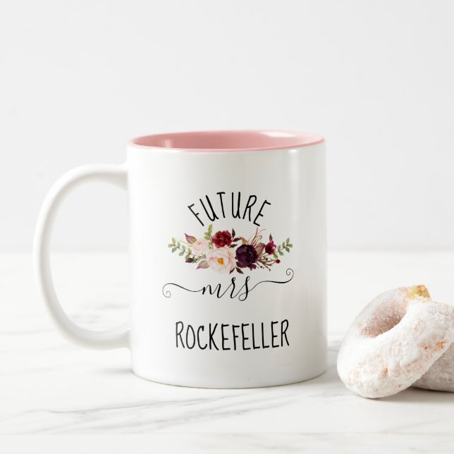 Tasse 2 Couleurs Floral Marsala future mariée Fiançailles cadeau (Avec donut)