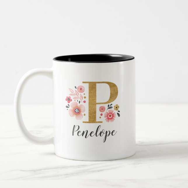 Tasse 2 Couleurs Floral rose monogramme (Gauche)