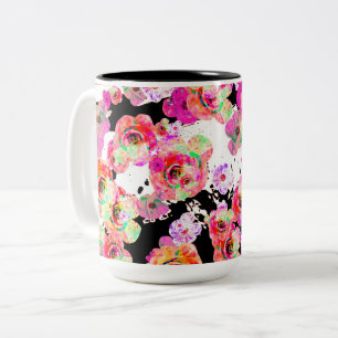 Tasse 2 Couleurs Flore de printemps rose et corail sur noir et blan