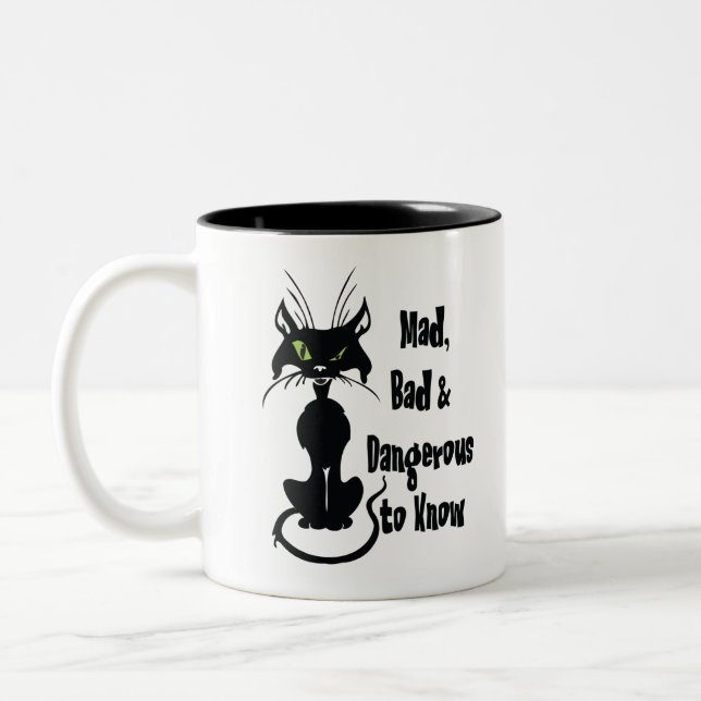 Tasse 2 Couleurs Fou, méchant et dangereux à connaître, chat noir (Gauche)