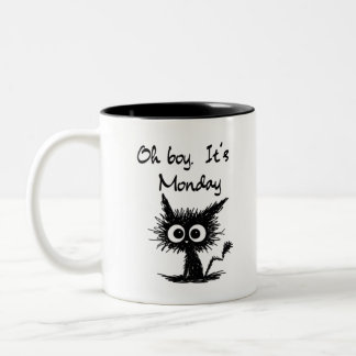 Tasse 2 Couleurs Funny Cat Sketch "Oh Boy It's Monday" Work Humor