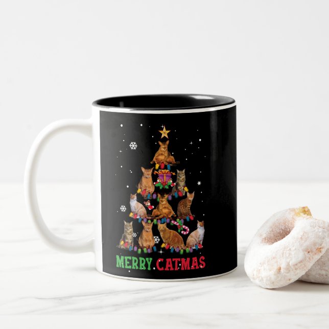 Tasse 2 Couleurs Funny Christmas Cat Meowy Catmas Xmas Tree (Avec donut)