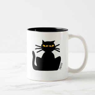 Tasse 2 Couleurs Fussy Chat noir avec yeux ambrés assis sur le sty