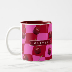Tasse 2 Couleurs Gingham Cerise Personnalisé Rétro Nom Personnalisé