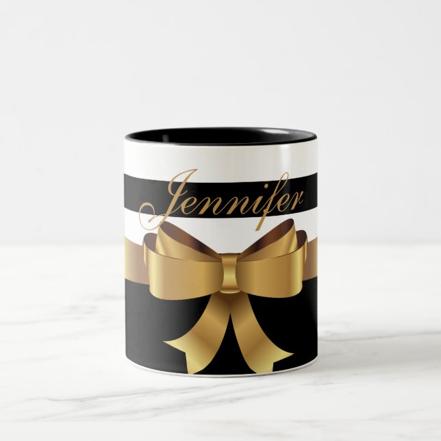 Tasse 2 Couleurs Gold personnalisé, Black Bold Stripes Golden BOW (Centre)