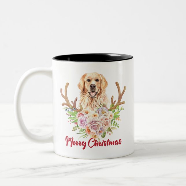 Tasse 2 Couleurs Golden Retriever Floral Joyeux Noël (Gauche)