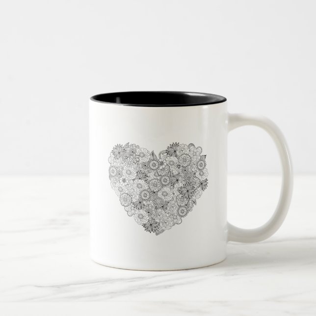 Tasse 2 Couleurs Griffonnage floral de coeur (Droit)