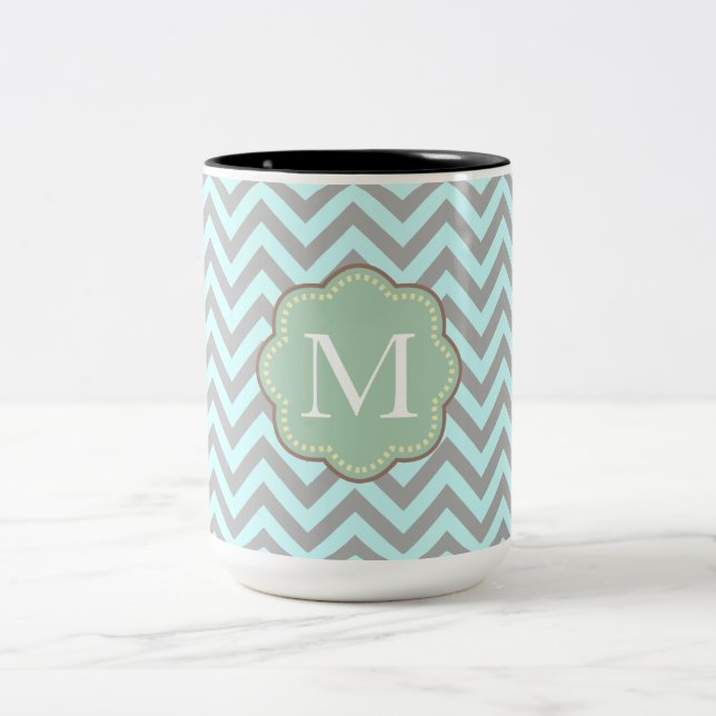 Tasse 2 Couleurs Gris Aqua Chevron Stripes Monogramme (Centre)