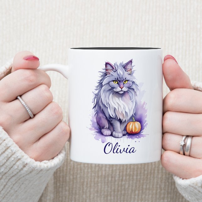 Tasse 2 Couleurs Halloween aquarelle angora chat avec citrouille (Créateur téléchargé)