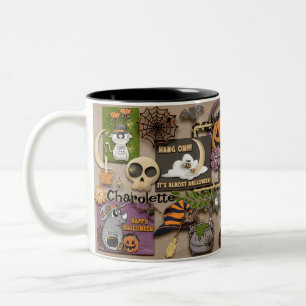 Tasse 2 Couleurs Halloween Collage Ajouter un nom Witch Bat Citroui