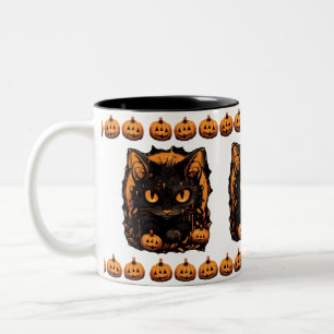 Tasse 2 Couleurs Halloween enchanté : Chat noir parmi les citrouill